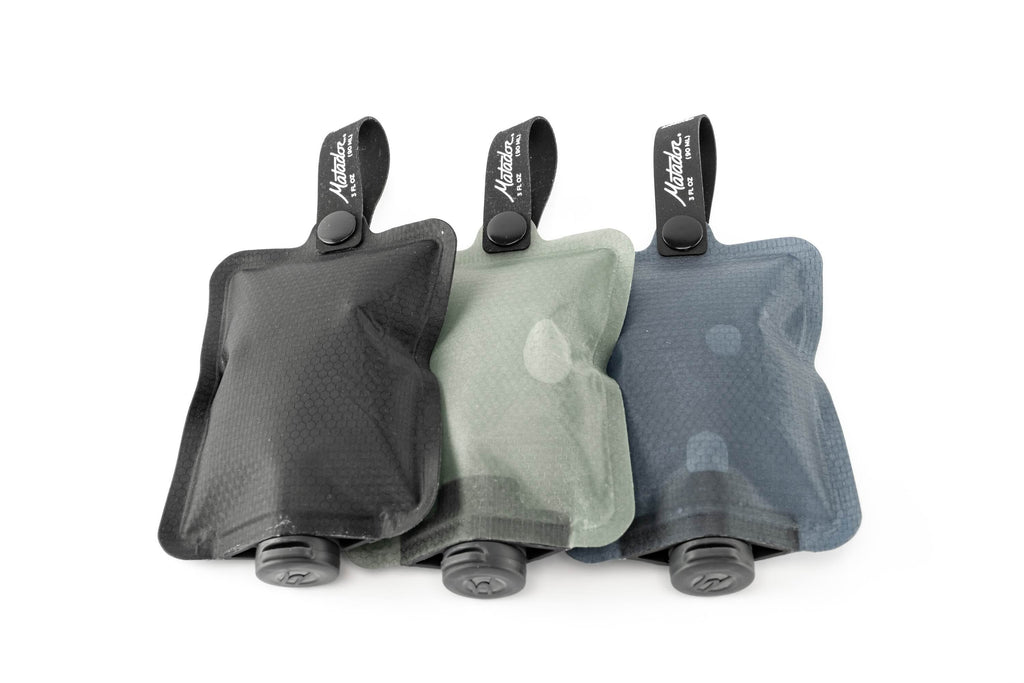 Matador FlatPak Toiletry Bottle 3-Pack (blue, charcoal, green)