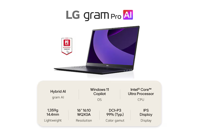 LG gram Pro 16" |32 GB RAM| Intel® Core™ Ultra 7 255H | gram Dual AI | NVIDIA GeForce RTX 5050