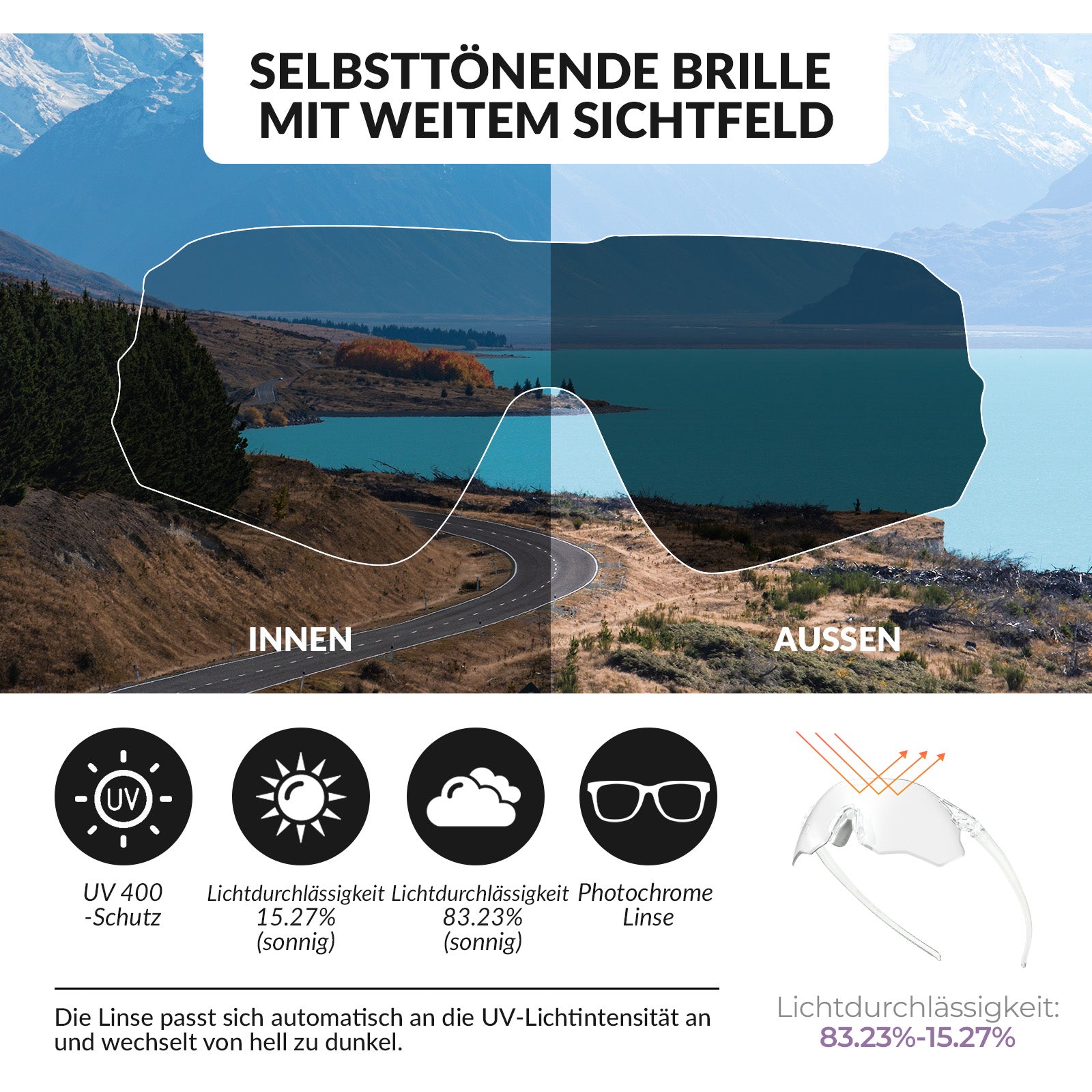 Fahrradbrille Selbsttönend UV400-Schutz Ohne Rahmen -SWIFT