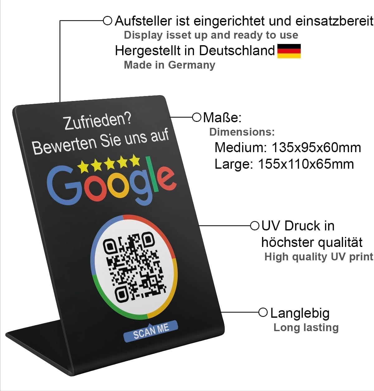 Google Bewertung Aufsteller Schild für Unternehmen Läden Shops Restaurants. QR Code und NFC V4