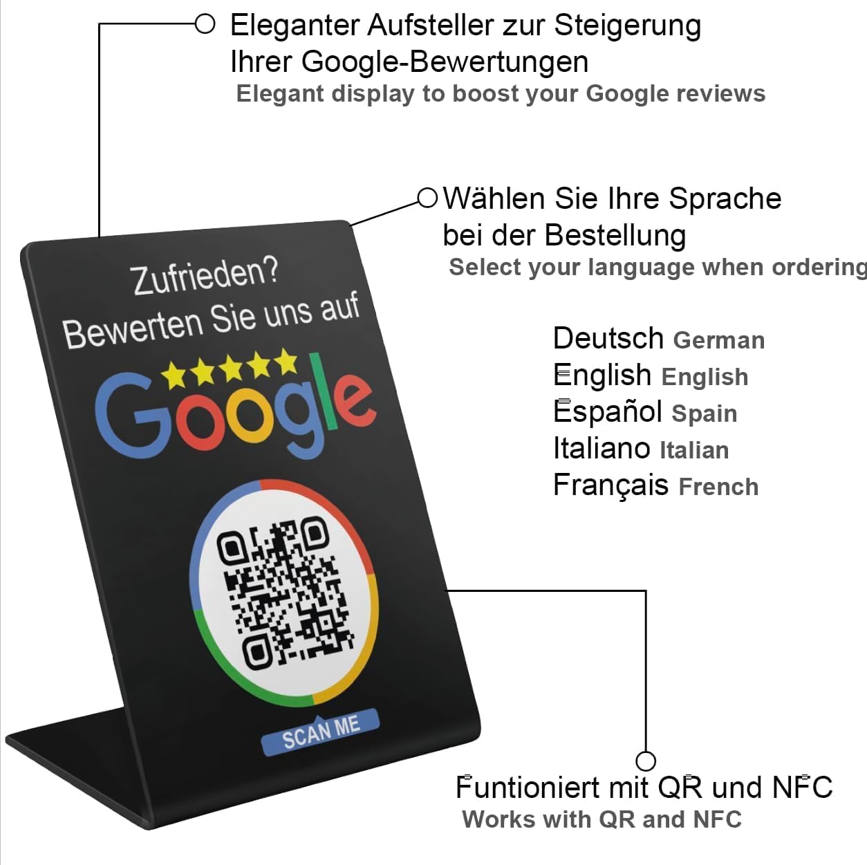 Google Bewertung Aufsteller mit QR Code und NFC für Unternehmen Läden Shops Restaurants.