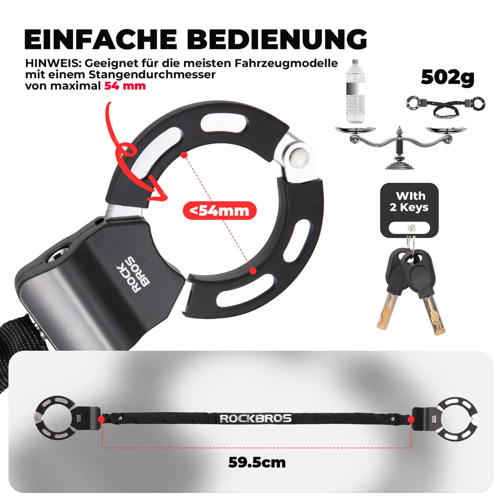 E-Scooter Schloss mit 59,5 cm Stahlkette, Fahrradschloss für Roller & Fahrrad