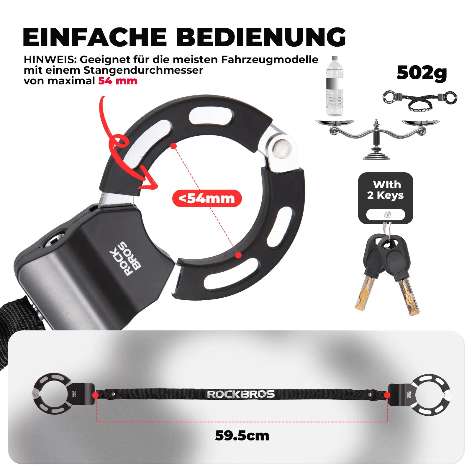 E-Scooter Schloss mit 59,5 cm Stahlkette, Fahrradschloss für Roller & Fahrrad