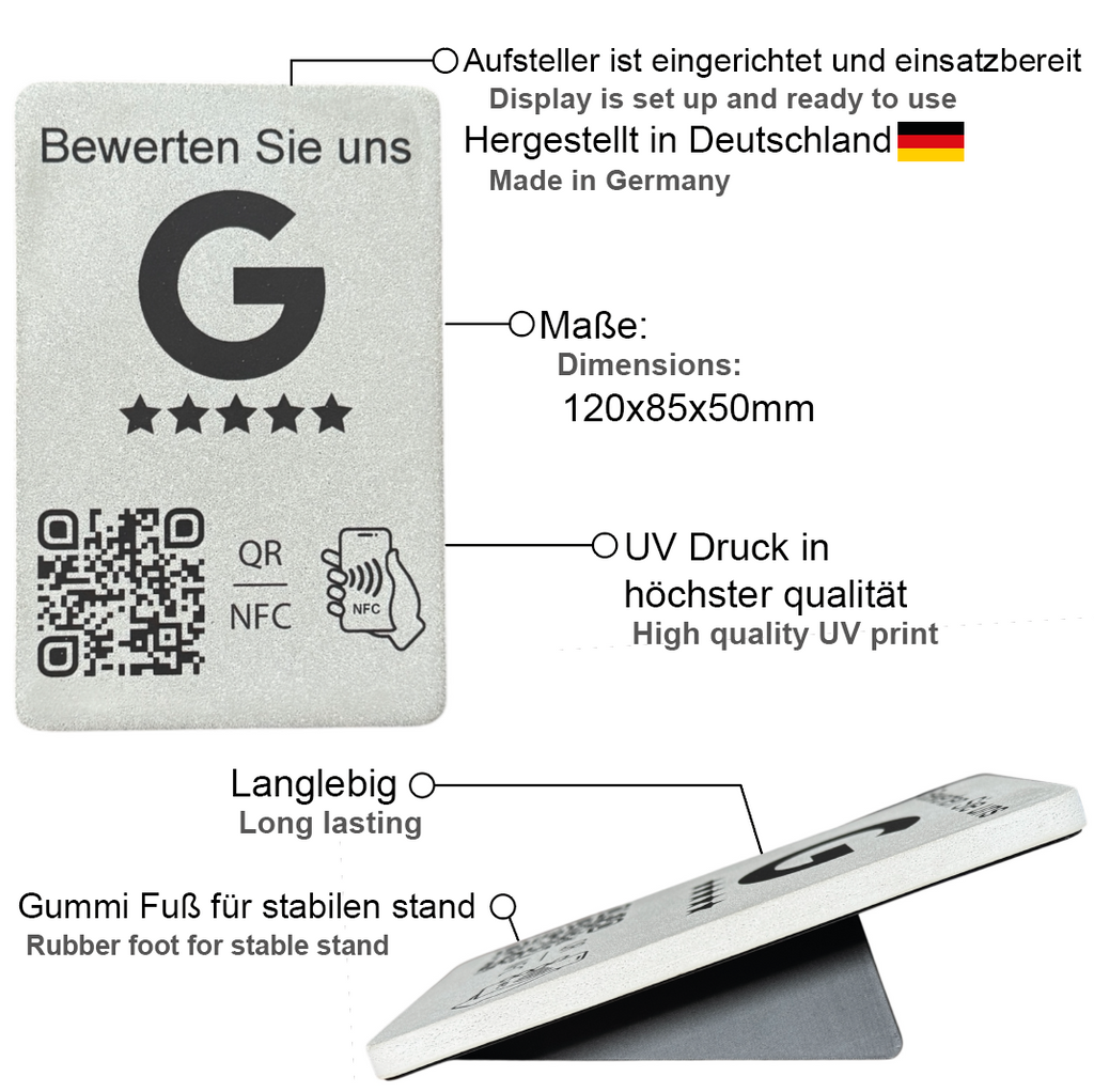 Google Bewertung Aufsteller Schild Beton für Unternehmen Läden Shops Restaurants. QR Code und NFC