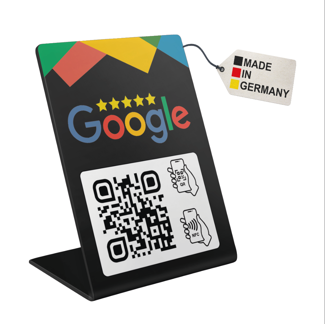 Google Bewertung Aufsteller Schild für Unternehmen Läden Shops Restaurants. QR Code und NFC V2