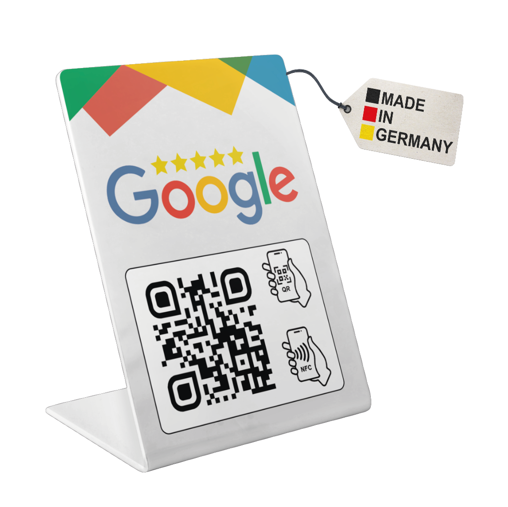 Google Bewertung Aufsteller Schild für Unternehmen Läden Shops Restaurants. QR Code und NFC V2