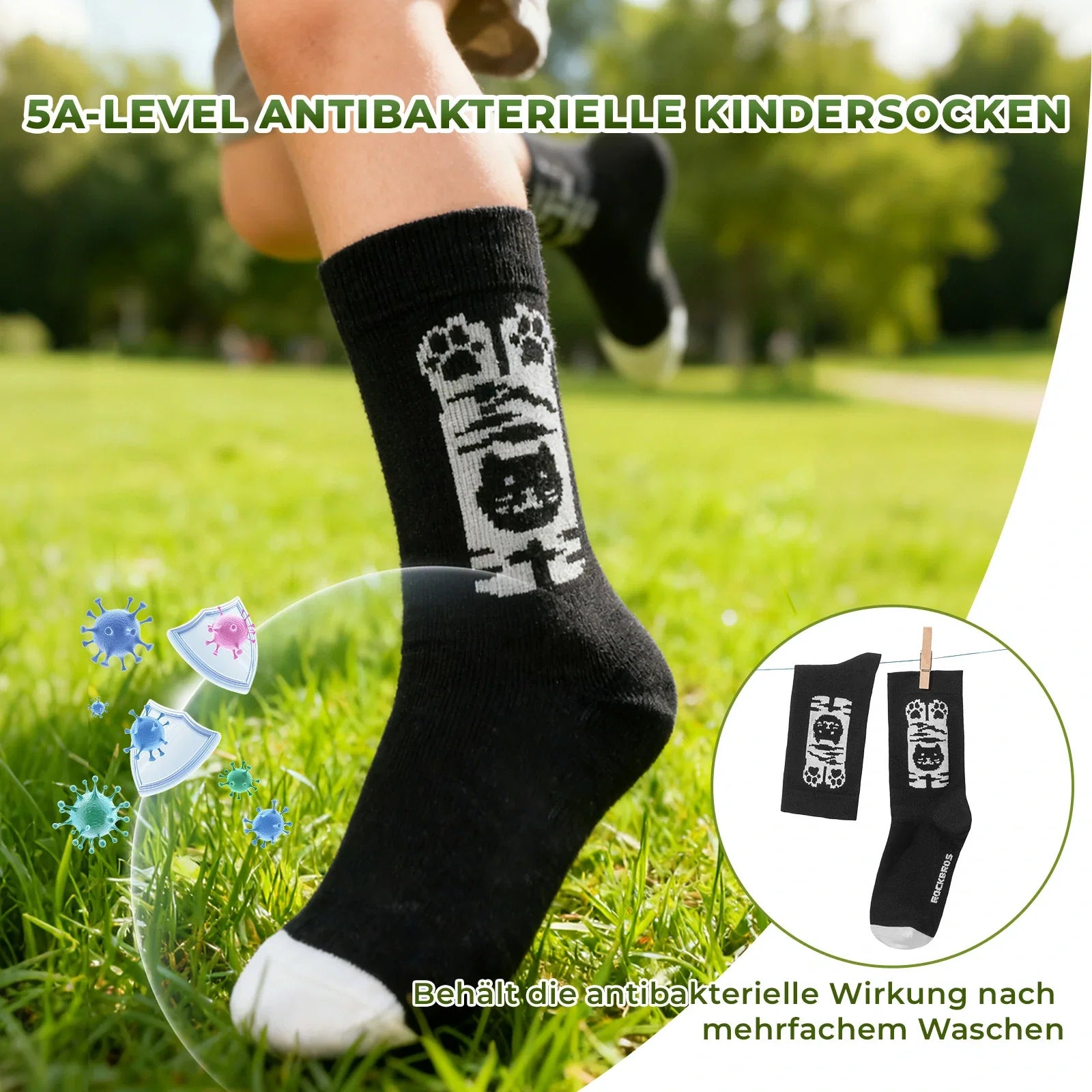 Kinder Fahrradsocken mit 5A Antibakteriell Kompressionszonen Katzenpfoten Design