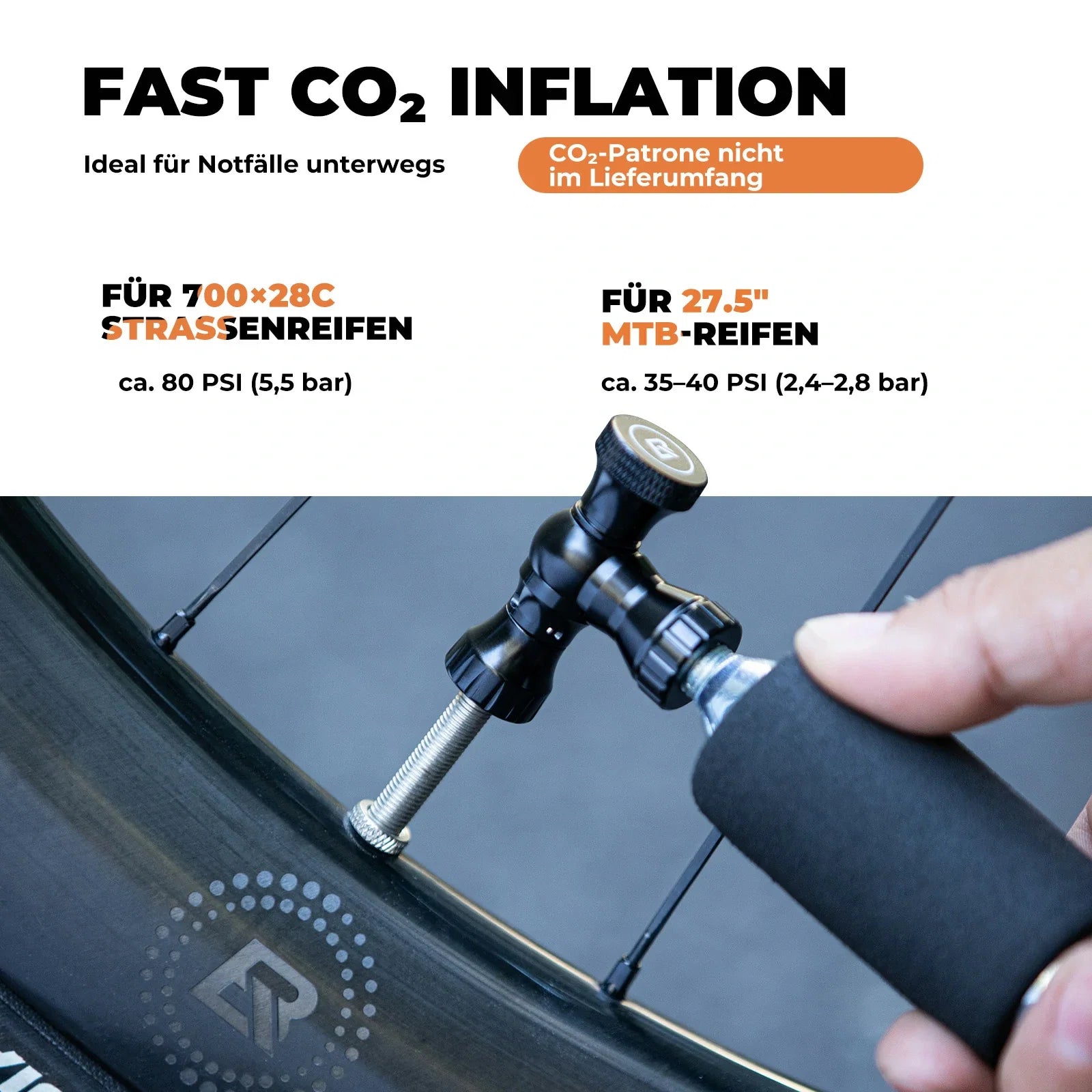 Mini Fahrradpumpe mit CO₂-Adapter - Tragbar, Presta & Schrader Kompatibel, bis 80 PSI