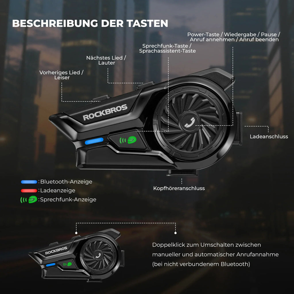 Motorrad Intercom Bluetooth Headsets mit Gegensprechanlagen 300m, IP56 Wasserdicht Staubdicht