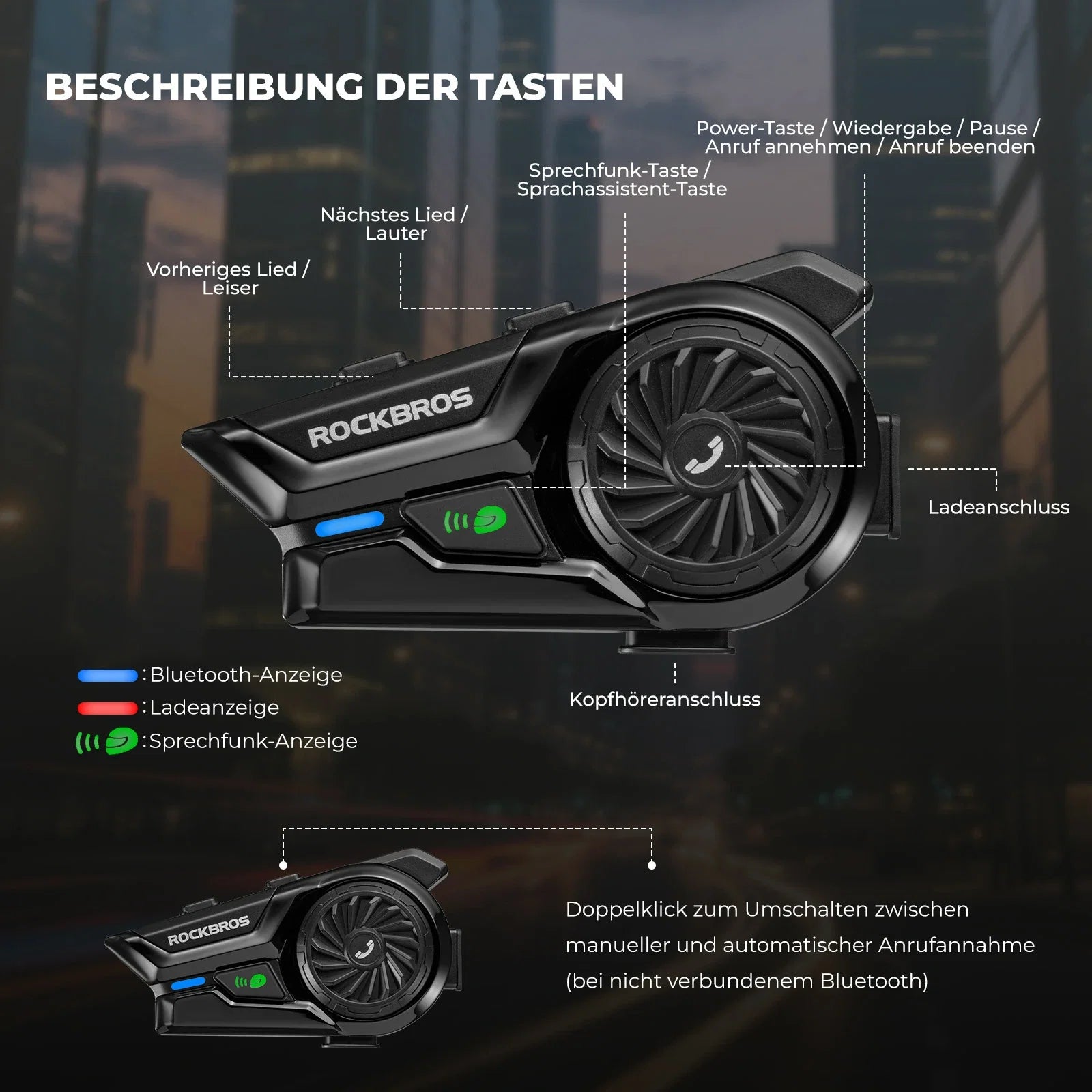 Motorrad Intercom Bluetooth Headsets mit Gegensprechanlagen 300m, IP56 Wasserdicht Staubdicht