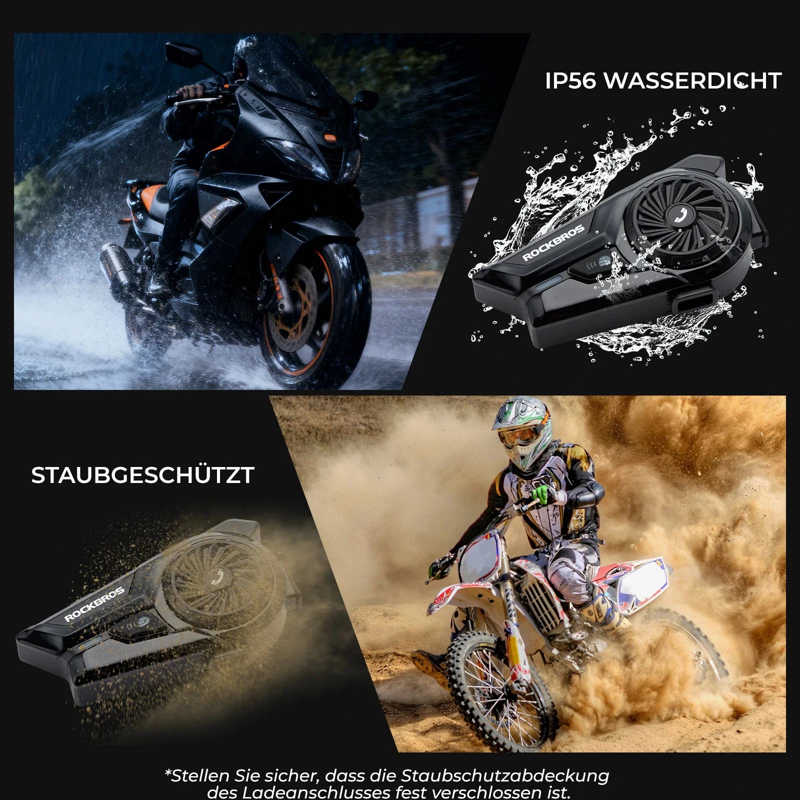 Motorrad Intercom Bluetooth Headsets mit Gegensprechanlagen 300m, IP56 Wasserdicht Staubdicht
