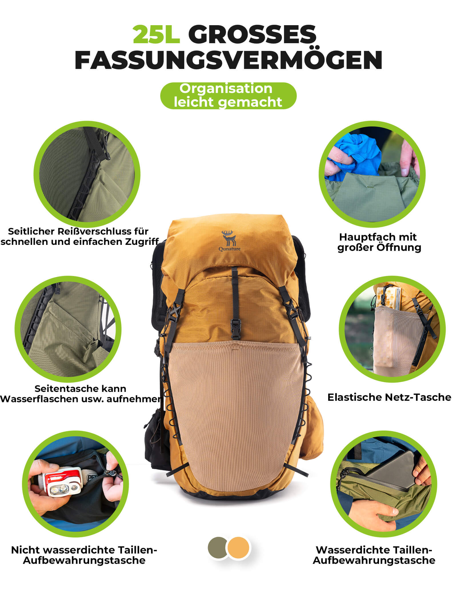 Qunature 25L Wanderrucksack atmungsaktiv - mit abnehmbarer Tasche & Seitenzugang