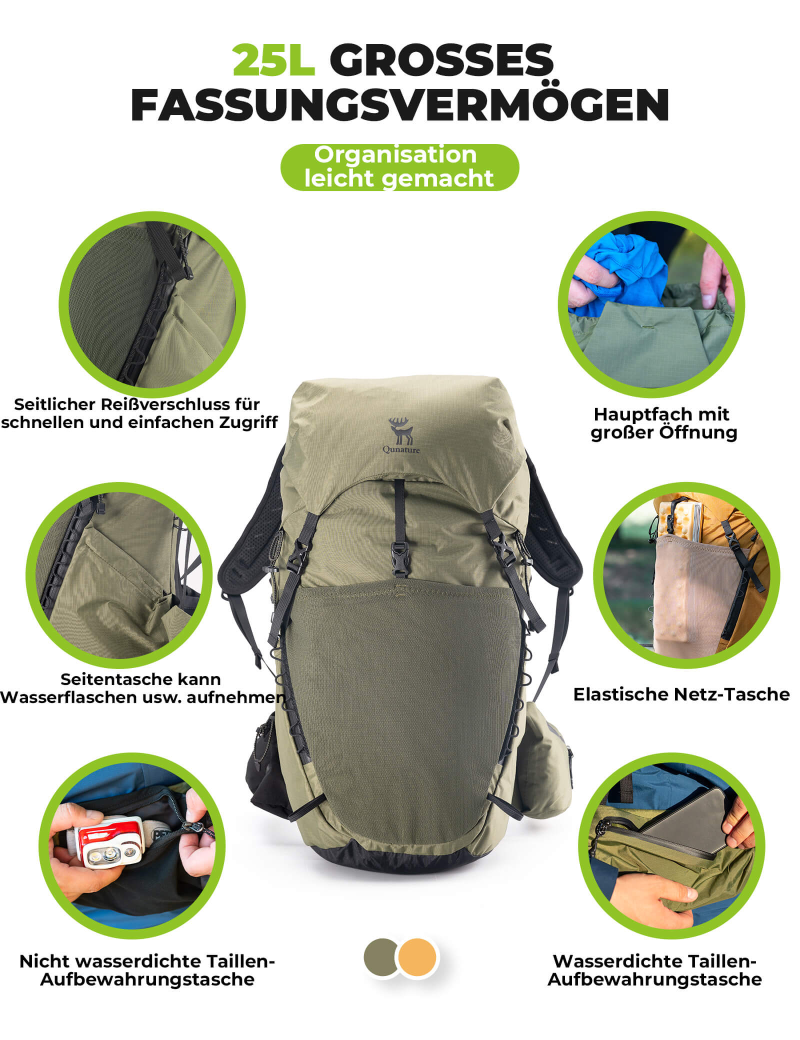 Qunature 25L Wanderrucksack atmungsaktiv - mit abnehmbarer Tasche & Seitenzugang