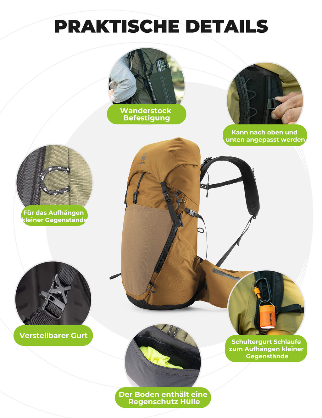 Qunature 25L Wanderrucksack atmungsaktiv - mit abnehmbarer Tasche & Seitenzugang