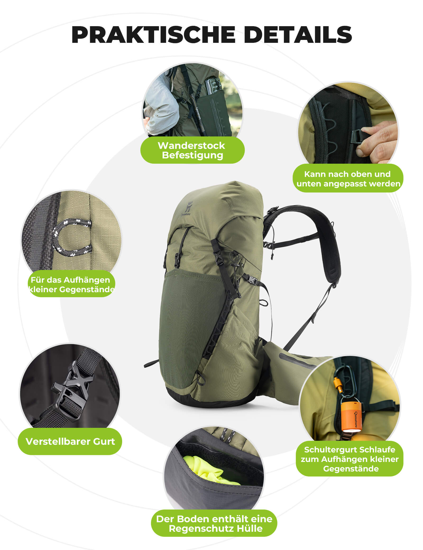 Qunature 25L Wanderrucksack atmungsaktiv - mit abnehmbarer Tasche & Seitenzugang