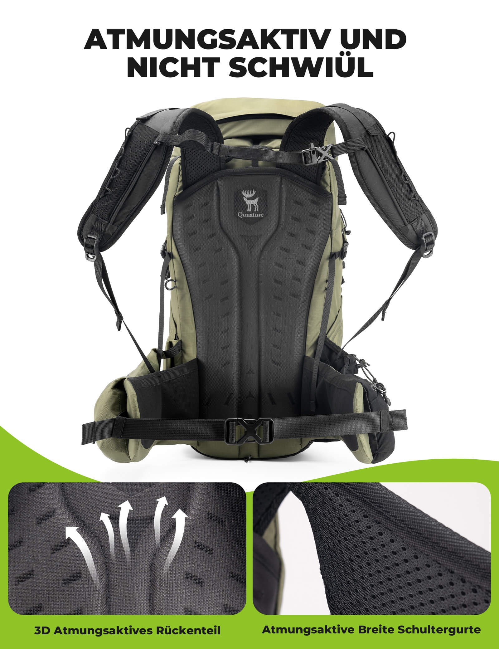 Qunature 25L Wanderrucksack atmungsaktiv - mit abnehmbarer Tasche & Seitenzugang