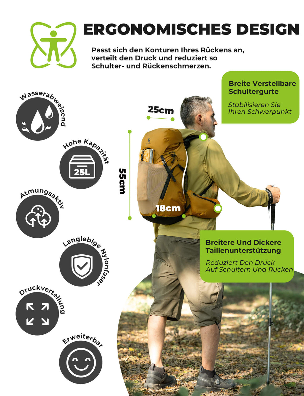 Qunature 25L Wanderrucksack atmungsaktiv - mit abnehmbarer Tasche & Seitenzugang