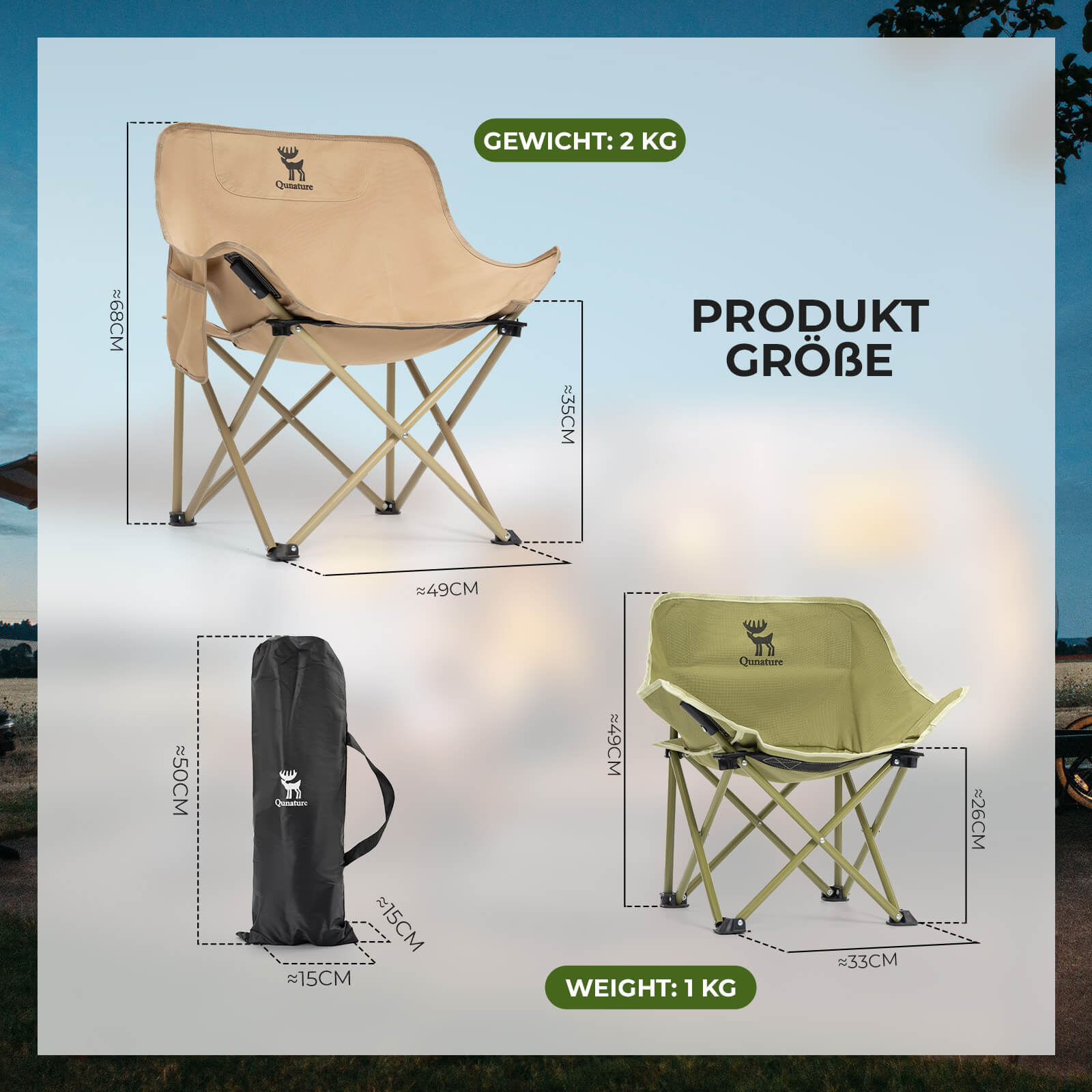 Qunature Campingstuhl Faltbar Tragbarer Camping Stuhl mit Tragetasche und Tragegriff 120KG/60KG