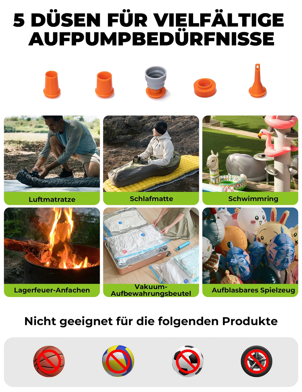 Qunature Mini Elektrische Luftpumpe, Tragbare Ultraleichte 45g Pump mit USB Schnellladung 5 Luftdüse