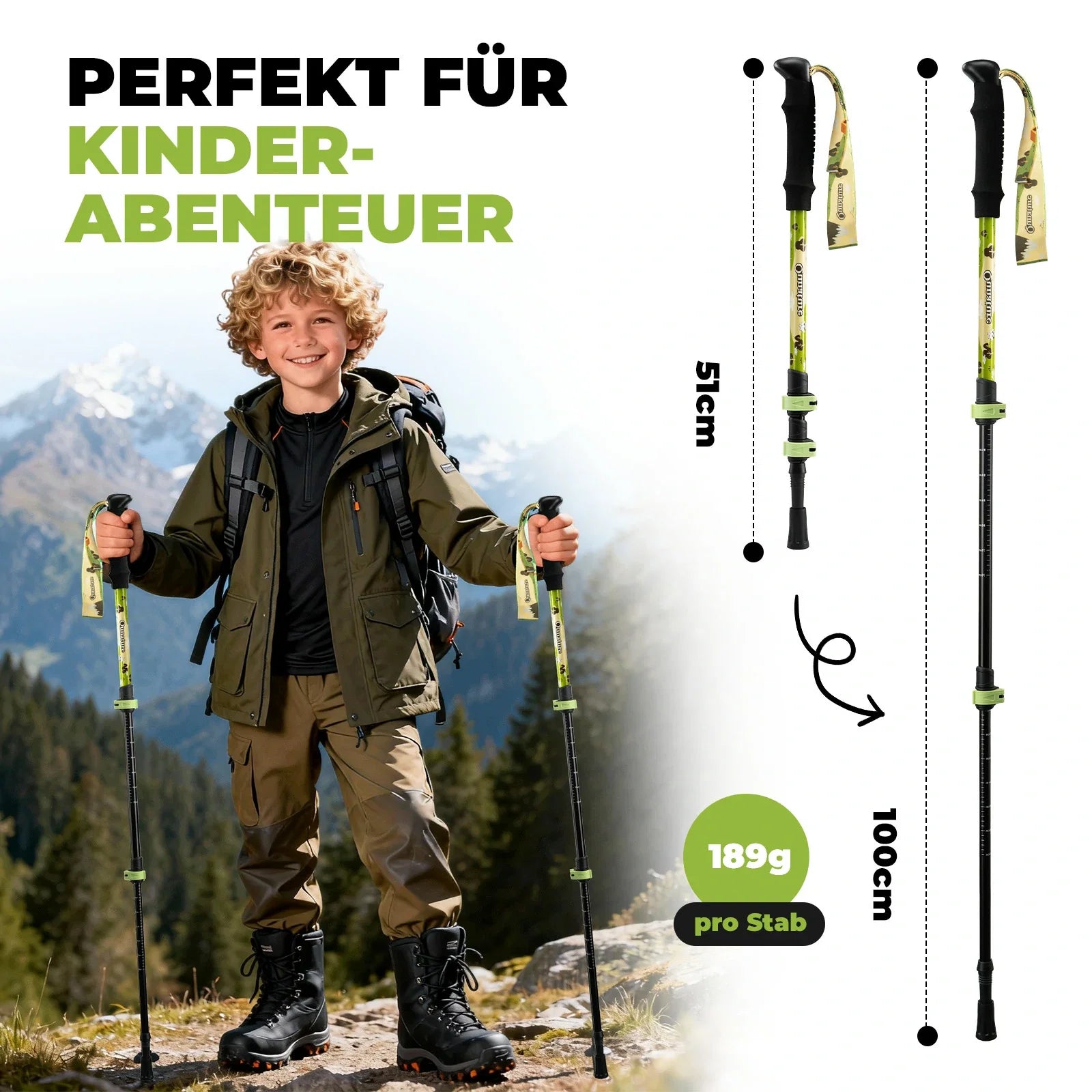Qunature Wanderstöcke Kinder, 51–100 cm verstellbar Trekkingstöcke, Aluminium 1 Stück