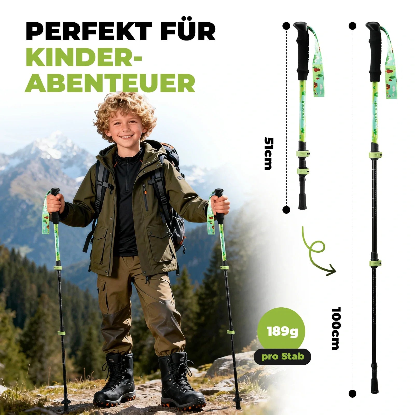 Qunature Wanderstöcke Kinder, 51–100 cm verstellbar Trekkingstöcke, Aluminium 1 Stück