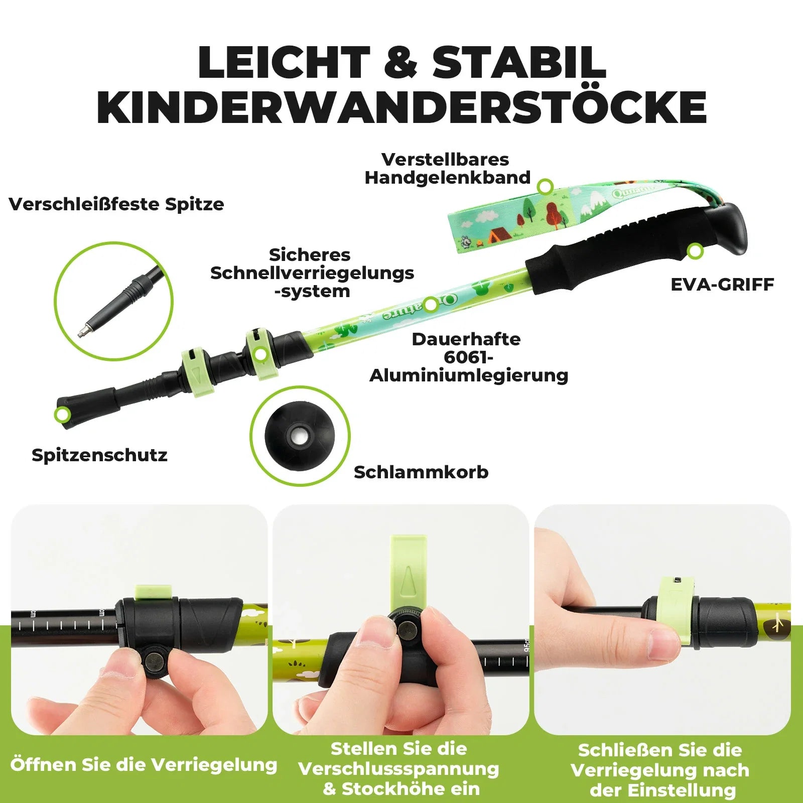 Qunature Wanderstöcke Kinder, 51–100 cm verstellbar Trekkingstöcke, Aluminium 1 Stück