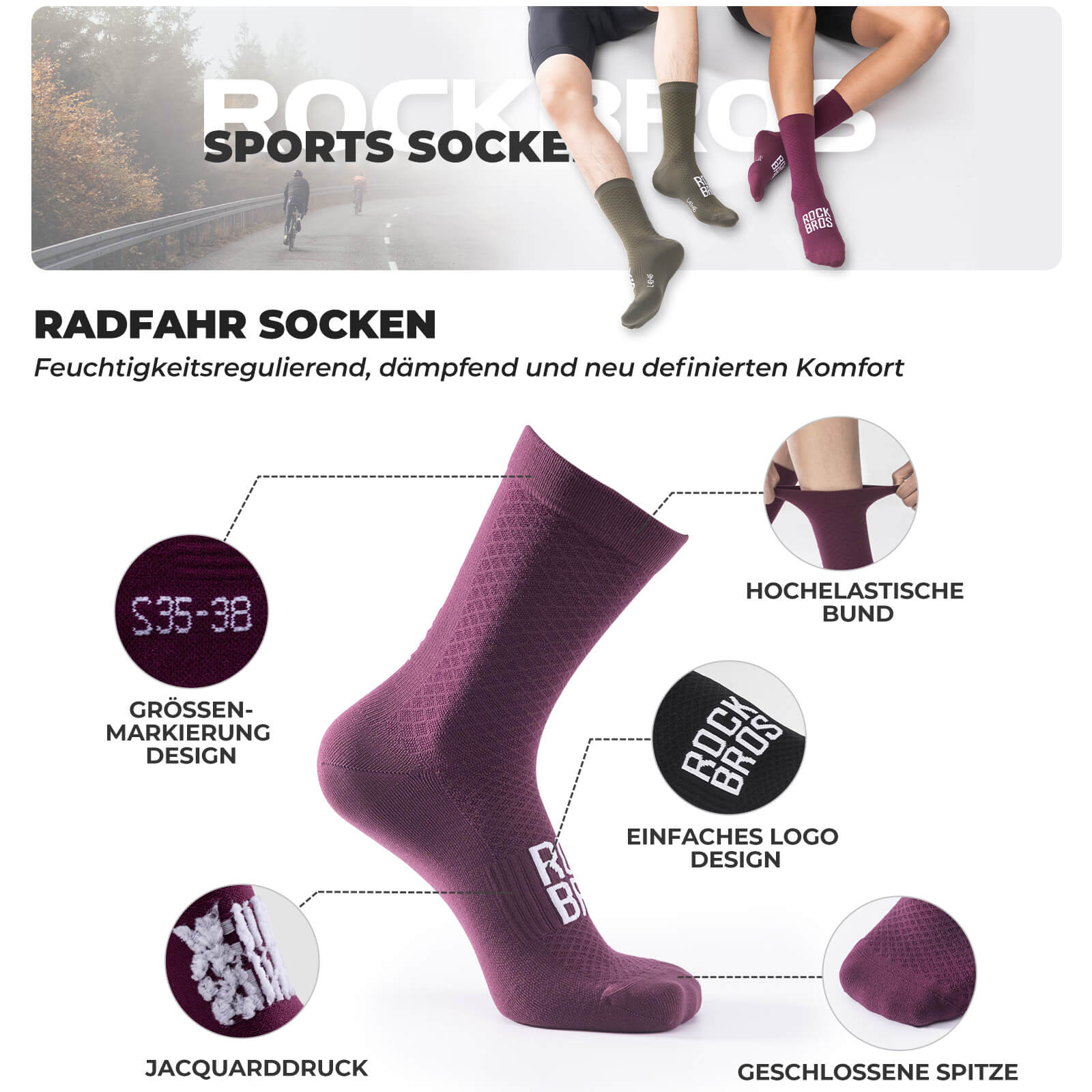 ROAD TO SKY Sportsocken Baumwolle Atmungsaktive Laufsocken für MTB & Rennrad