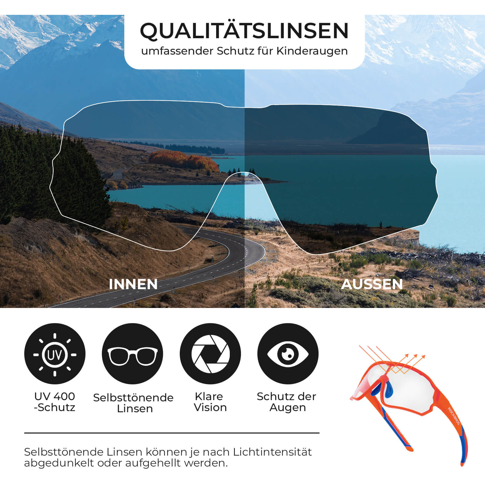 Selbsttönende Fahrradbrille für Kinder mit UV400-Schutz