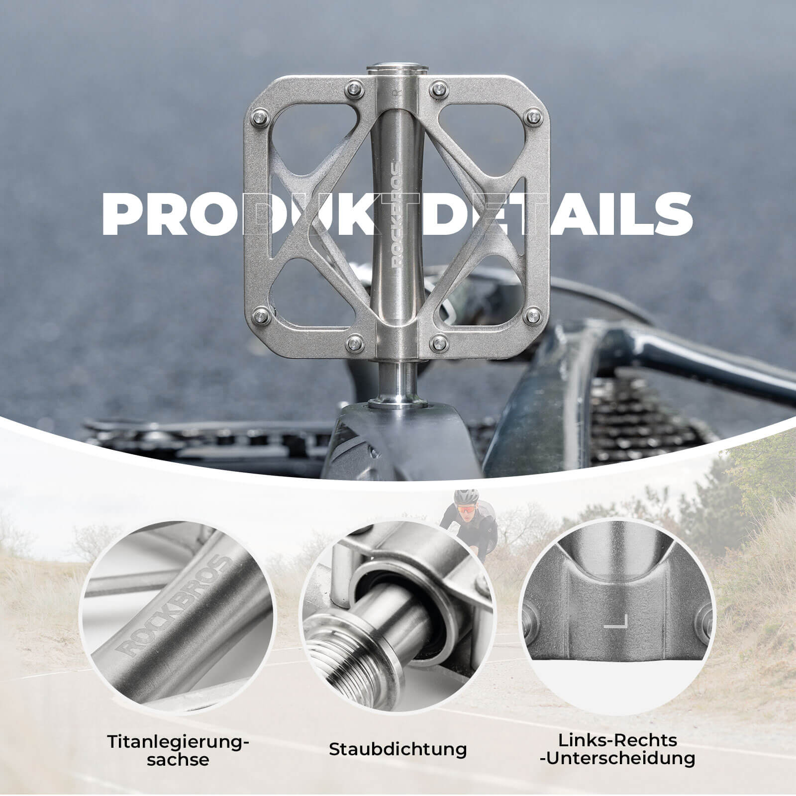 ROCKBROS Fahrradpedale aus Titanlegierung 3-Lager MTB-Pedale Plattform 9/16 Zoll