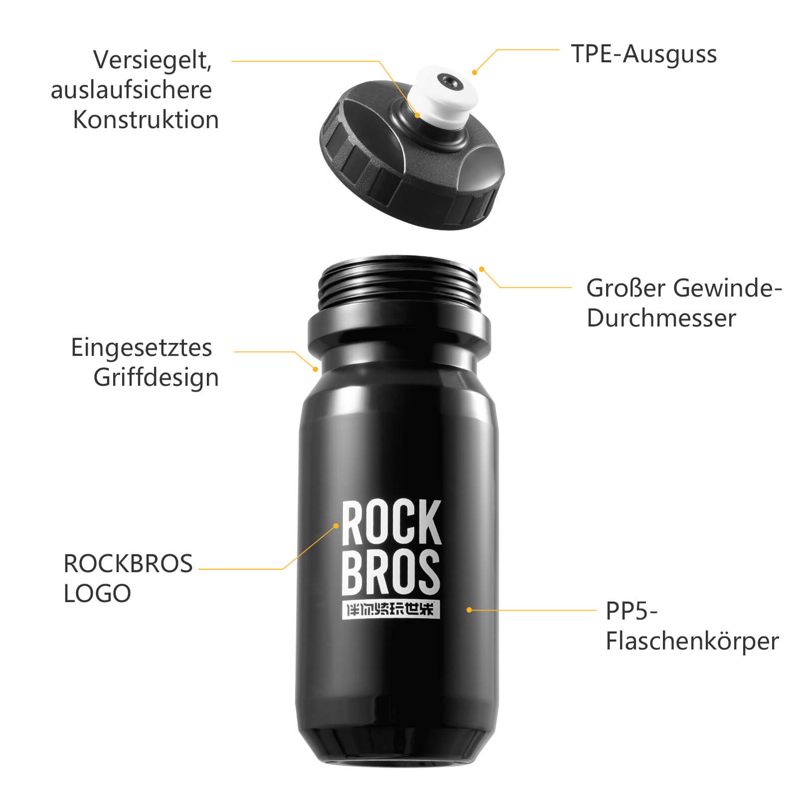 ROCKBROS Fahrrad Trinkflasche 600ml Trinkflasche BPA-Frei Auslaufsichere Flasche