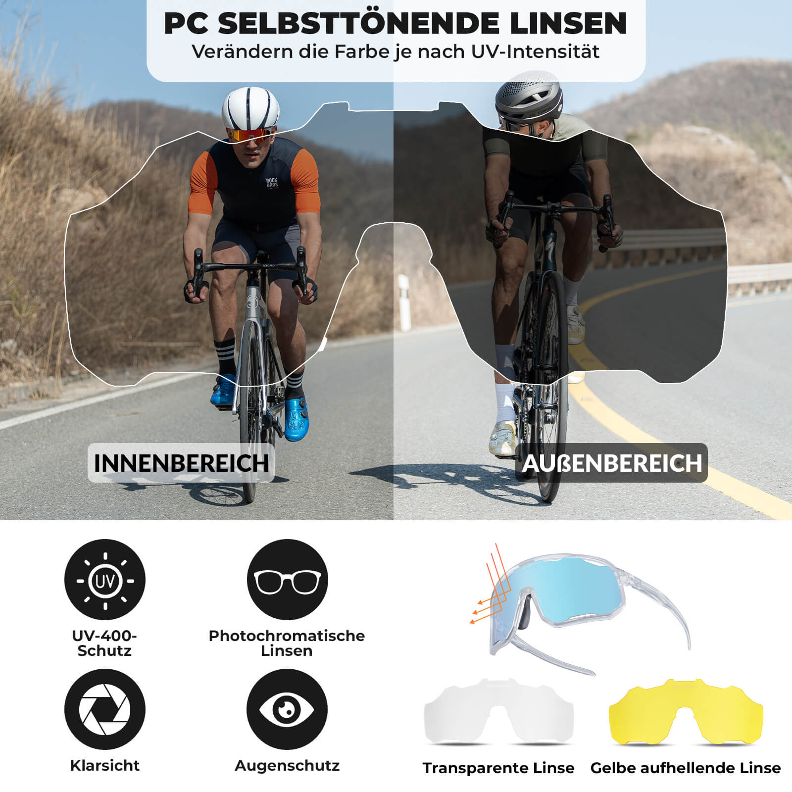 Selbsttönende Unisex Fahrradbrille mit Wechsel-Nasenpads