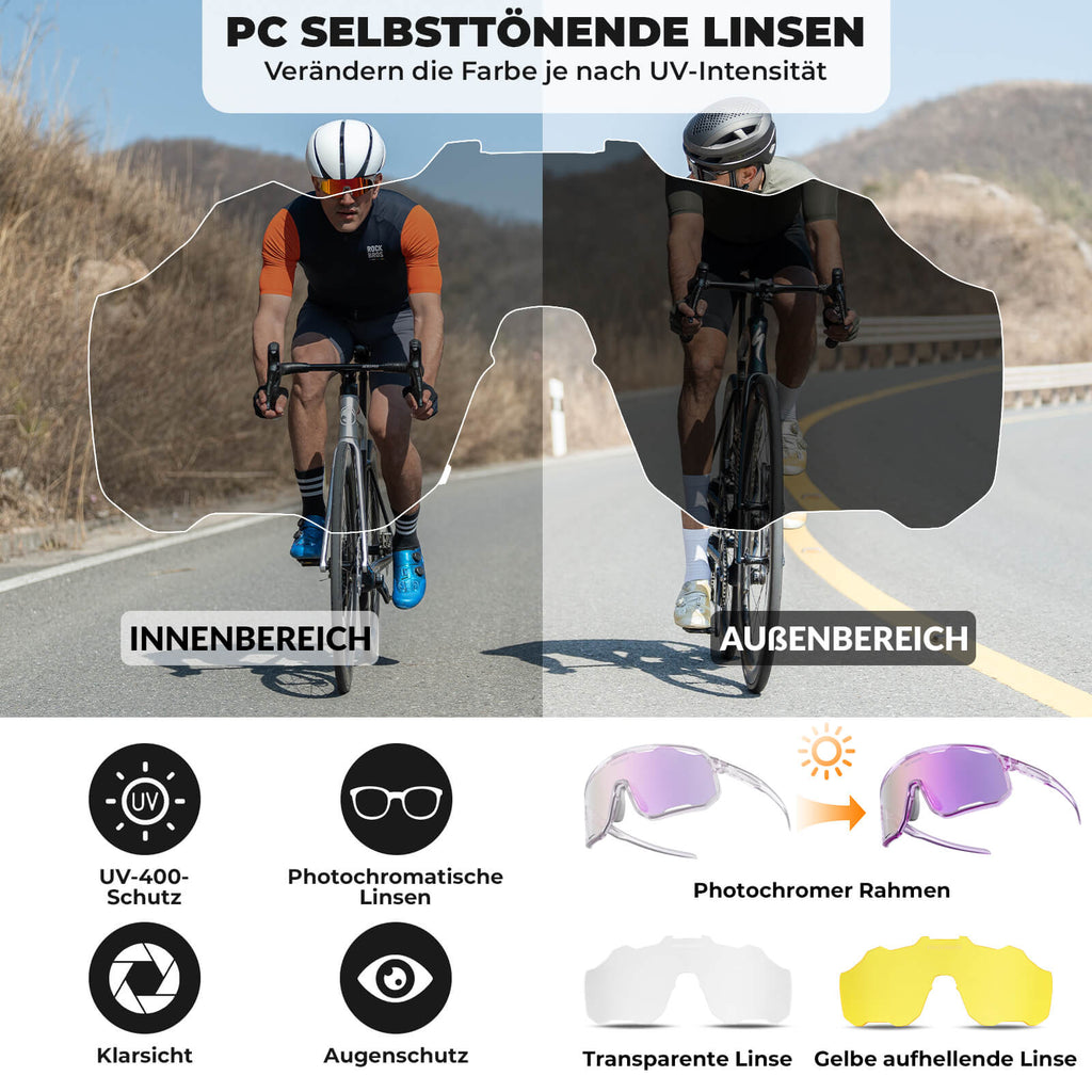 Selbsttönende Unisex Fahrradbrille mit Wechsel-Nasenpads
