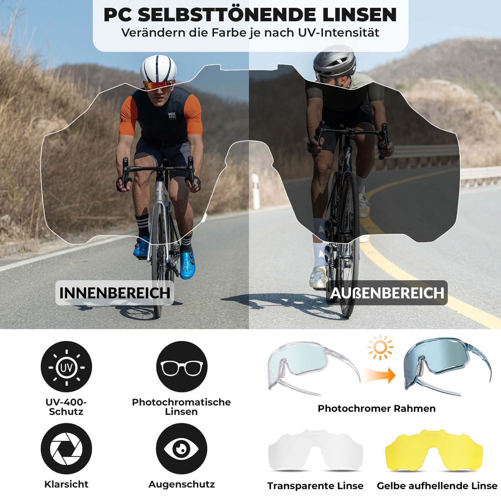 Selbsttönende Unisex Fahrradbrille mit Wechsel-Nasenpads