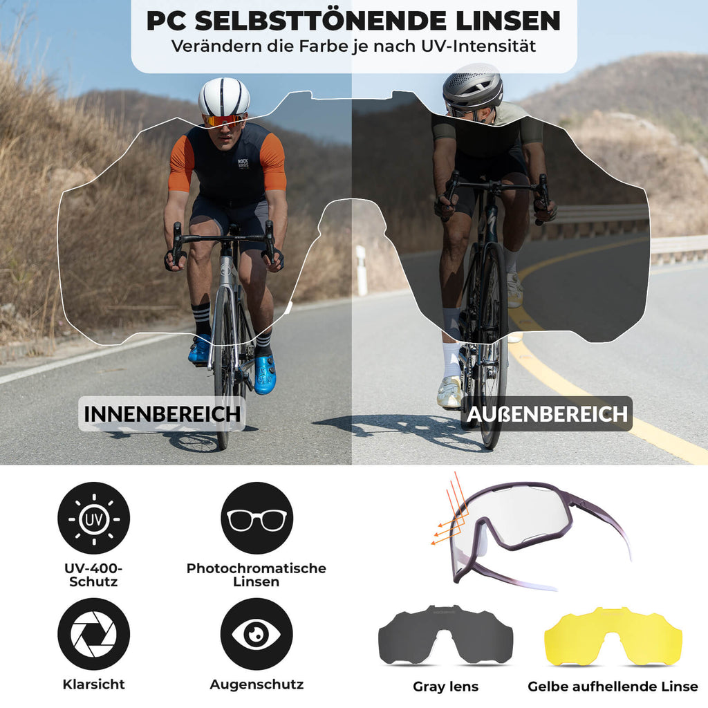 Selbsttönende Unisex Fahrradbrille mit Wechsel-Nasenpads