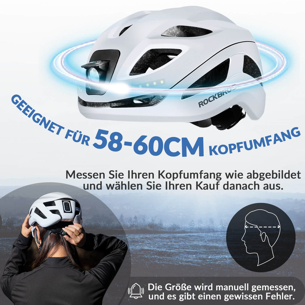 ROCKBROS Fahrradhelm mit Licht, mit USB 1800 mAh Atmungsaktiv 58-60 cm