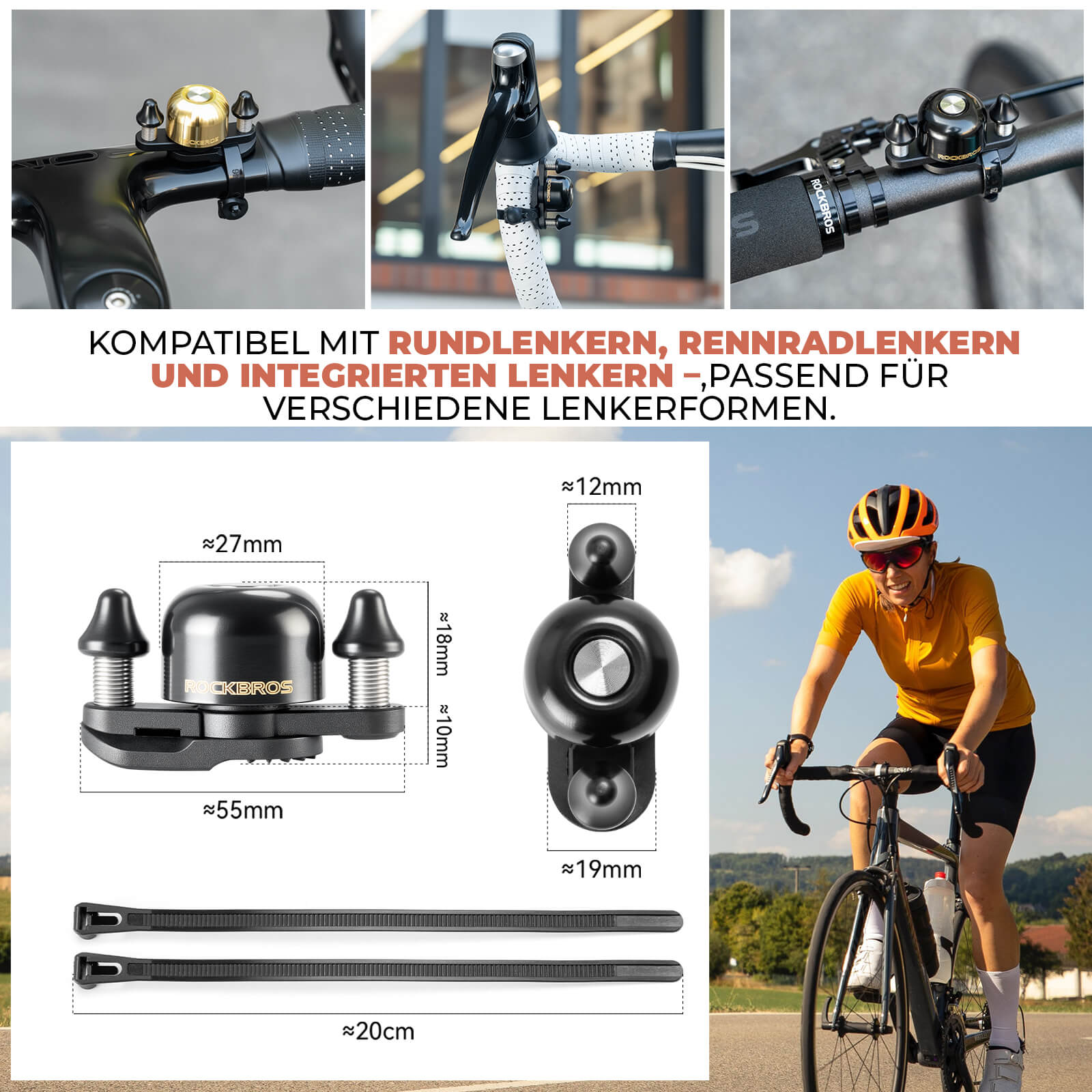 Rennrad MTB Fahrradklingel mit Doppel-Klopfer 180° drehbar