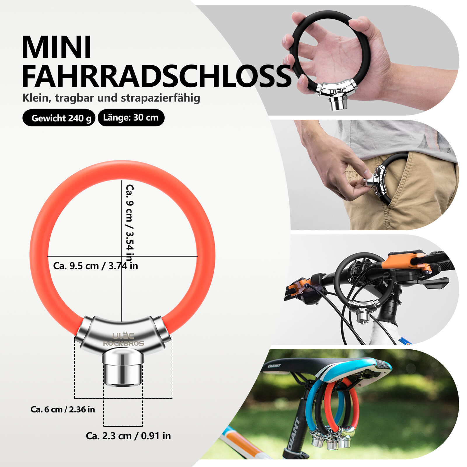 ROCKBROS Fahrradschloss Kabelschloss mit Klettverschlüssen ohne Schlüssel