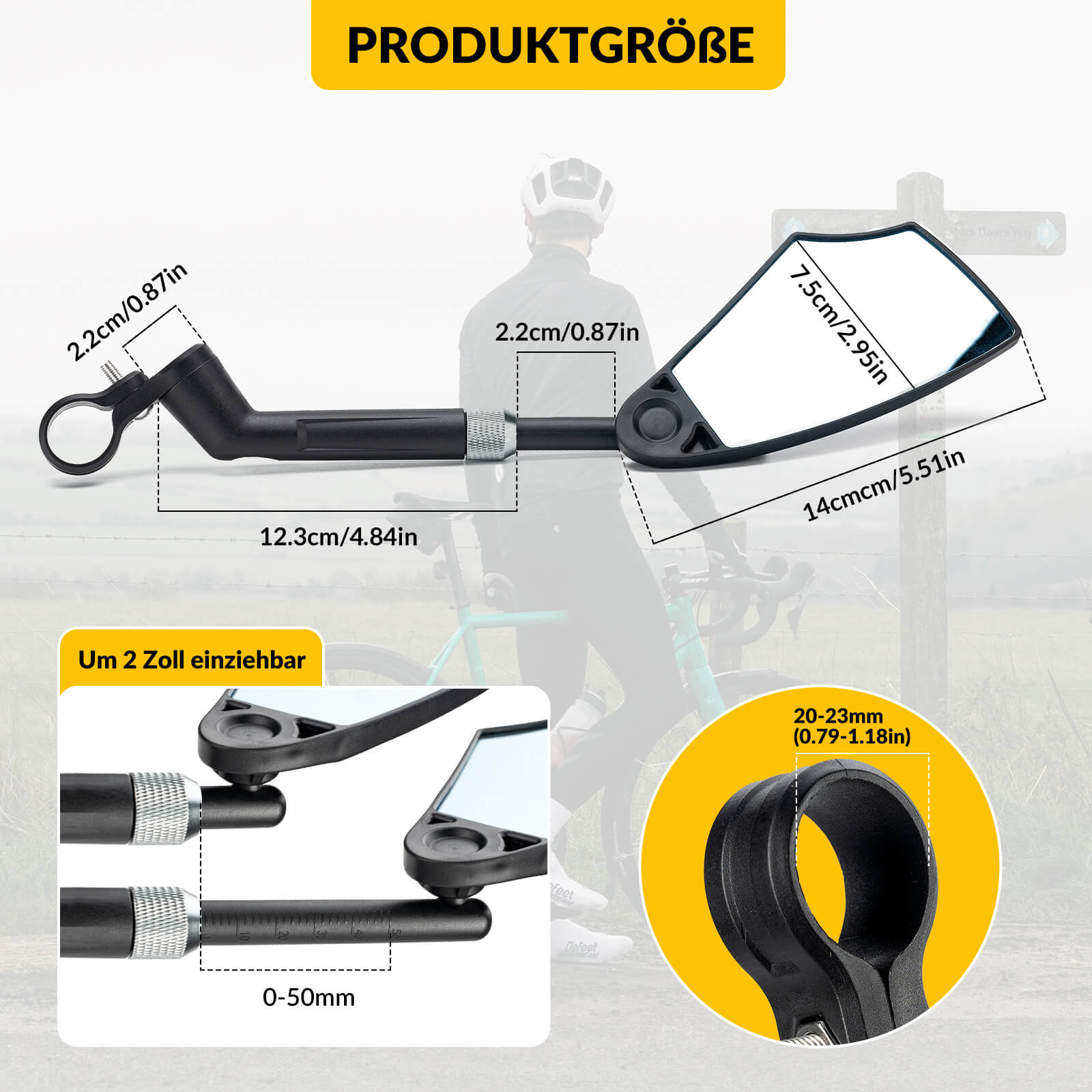 Fahrradspiegel Rückspiegel 360°Drehbar Klappbar für Lenker 20–23mm