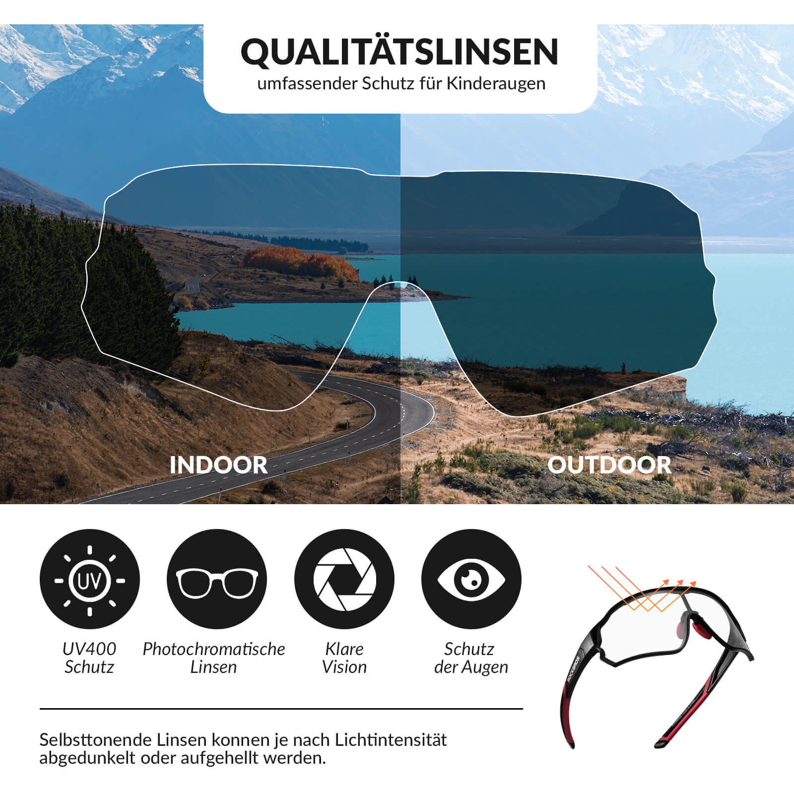 Selbsttönende Fahrradbrille für Kinder mit UV400-Schutz
