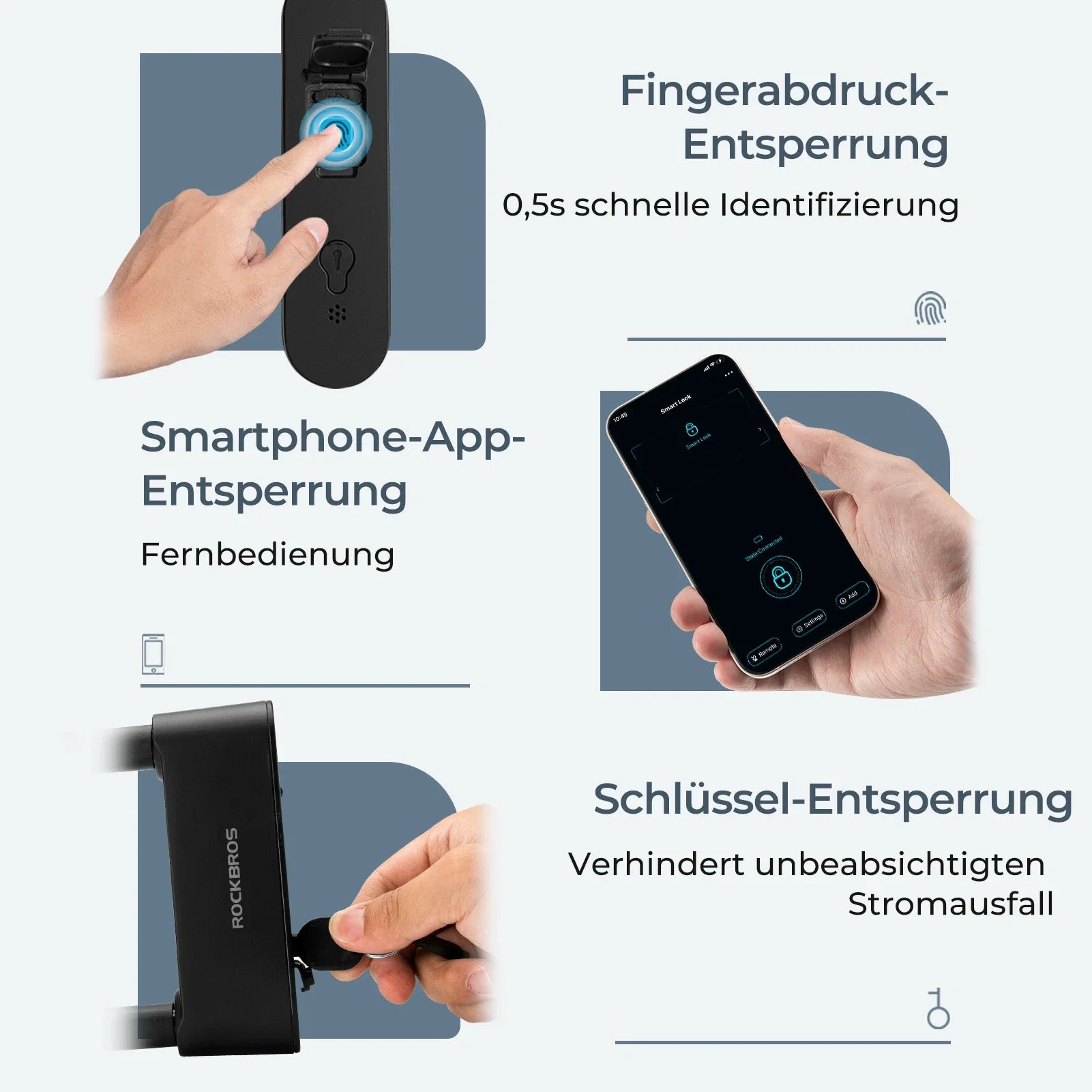 Schloss Fingerabdruck Wasserdicht IP6 Fahrrad Bügelschloss Bluetooth Schloss mit Schlüssel USB-Aufladung