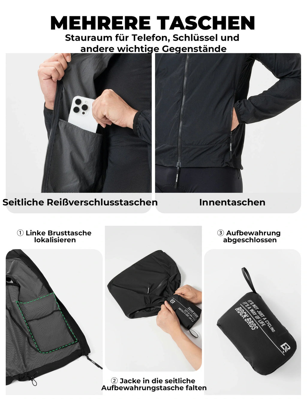 Winddichte Fahrradjacke, Leichte Atmungsaktive Schnelltrocknende Windbreaker, Faltbare