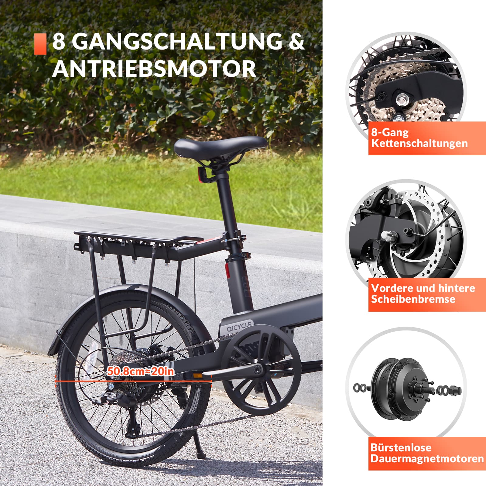 QiCYCLE E-Bike 20 Zoll klappbare Elektrofahrrad mit 8 Gangschaltung bis 25km/h für Jugendliche und Erwachsene