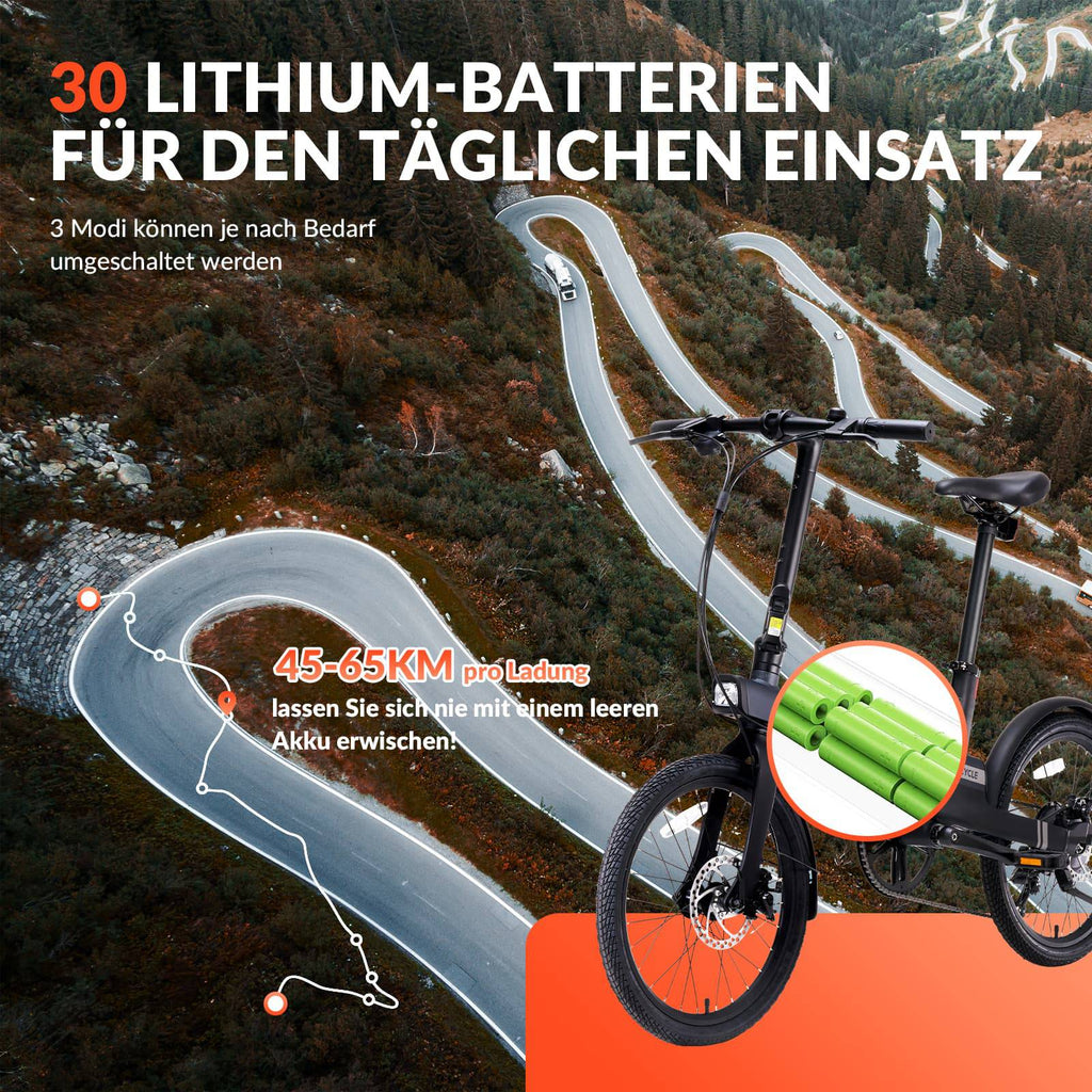 QiCYCLE E-Bike 20 Zoll klappbare Elektrofahrrad mit 8 Gangschaltung bis 25km/h für Jugendliche und Erwachsene