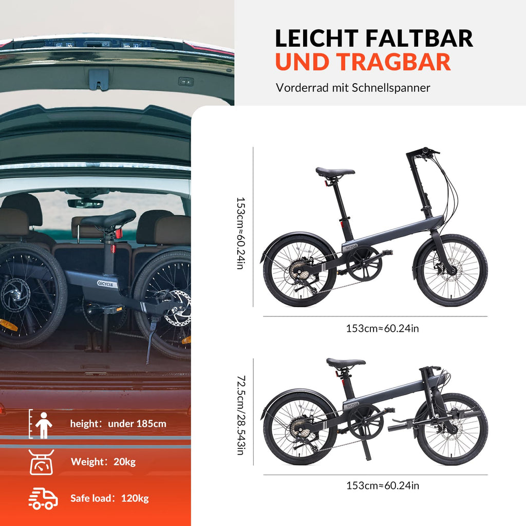 QiCYCLE E-Bike 20 Zoll klappbare Elektrofahrrad mit 8 Gangschaltung bis 25km/h für Jugendliche und Erwachsene