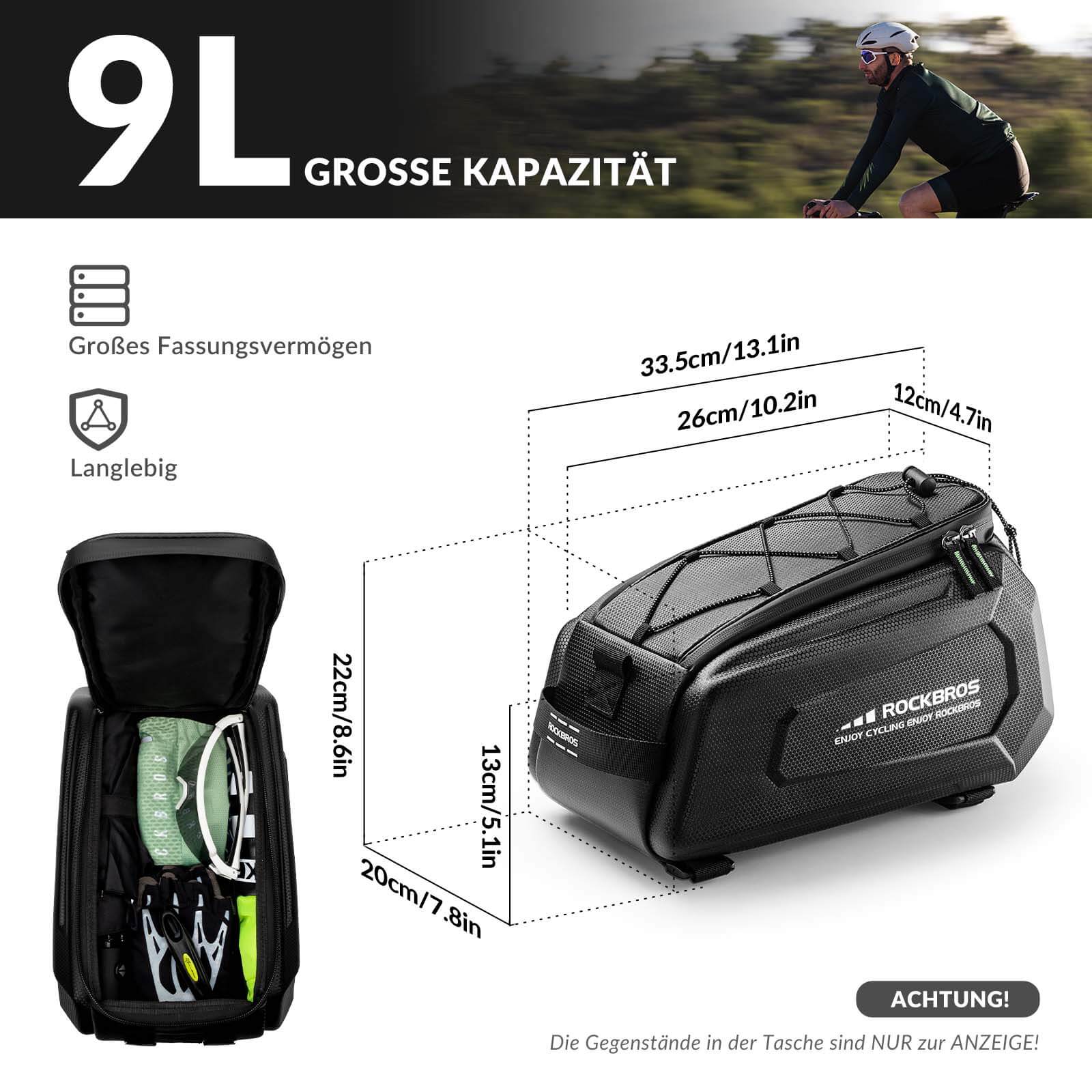 Fahrrad-Gepäckträgertasche, 9L, wasserabweisend – inkl. Regenhülle & verstellbarem Schultergurt