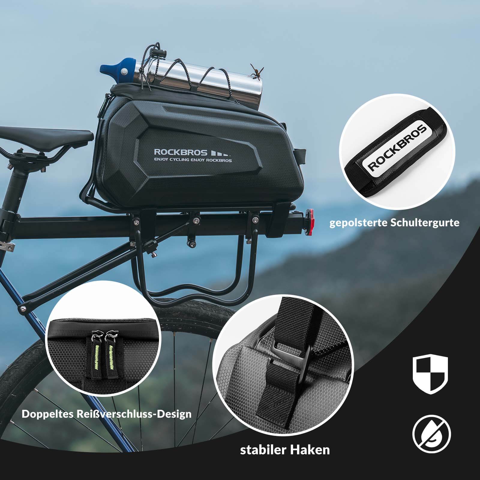 Fahrrad-Gepäckträgertasche, 9L, wasserabweisend – inkl. Regenhülle & verstellbarem Schultergurt