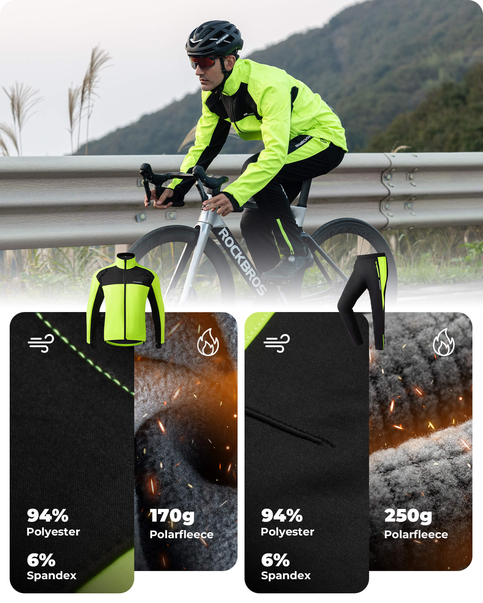 ROCKBROS Fahrrad Jacke & Hose Winter Fahrradanzug Leuchtendes Grün