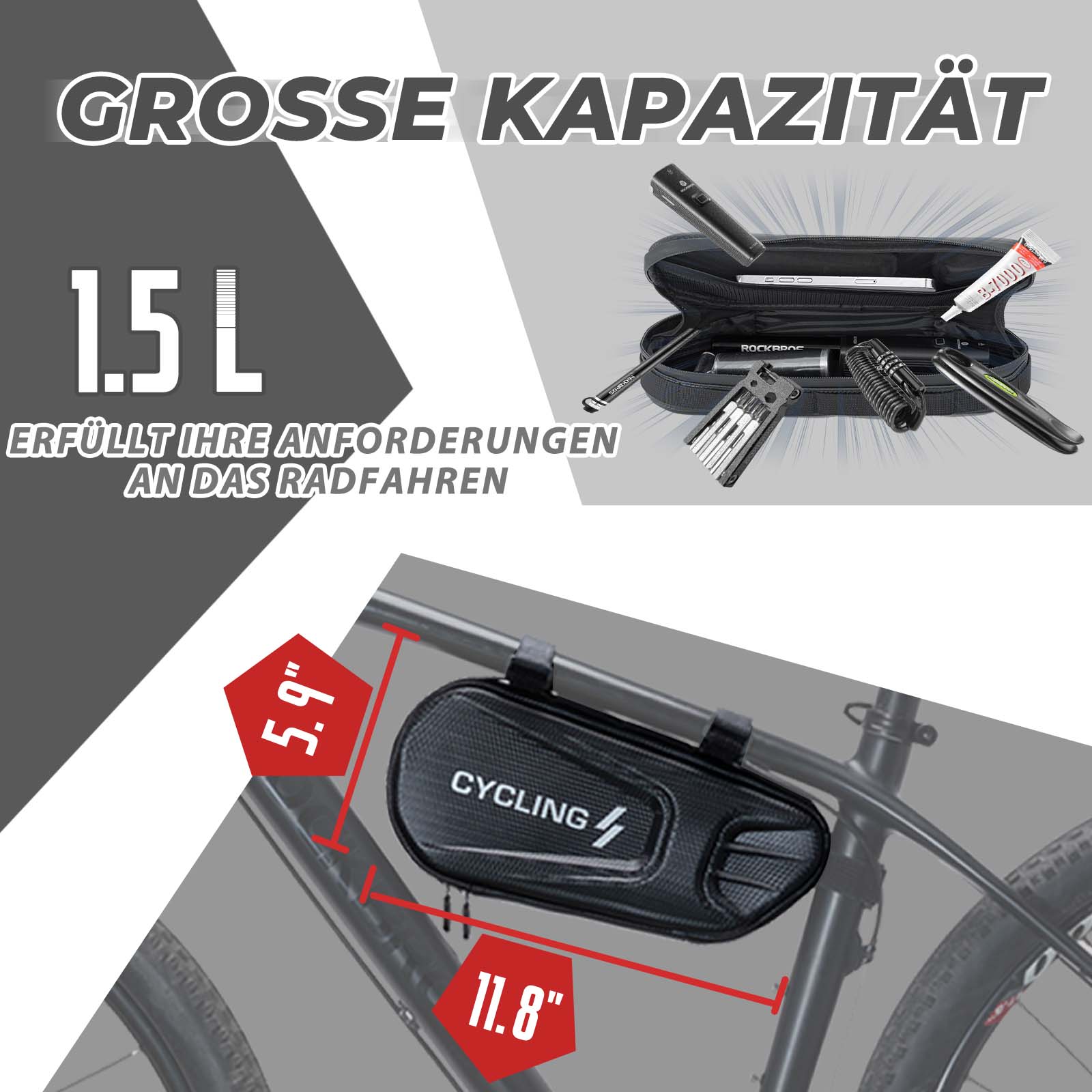 ROCKBROS Fahrrad Rahmentasche 1,5L Dreieckstasch Wasserdicht Fahrradtasche