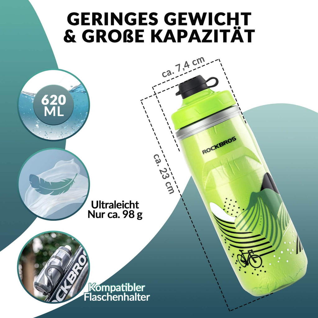 ROCKBROS Fahrradflasche 620 ml Sportflasche mit 5 Stunden Kühlhaltefunktion