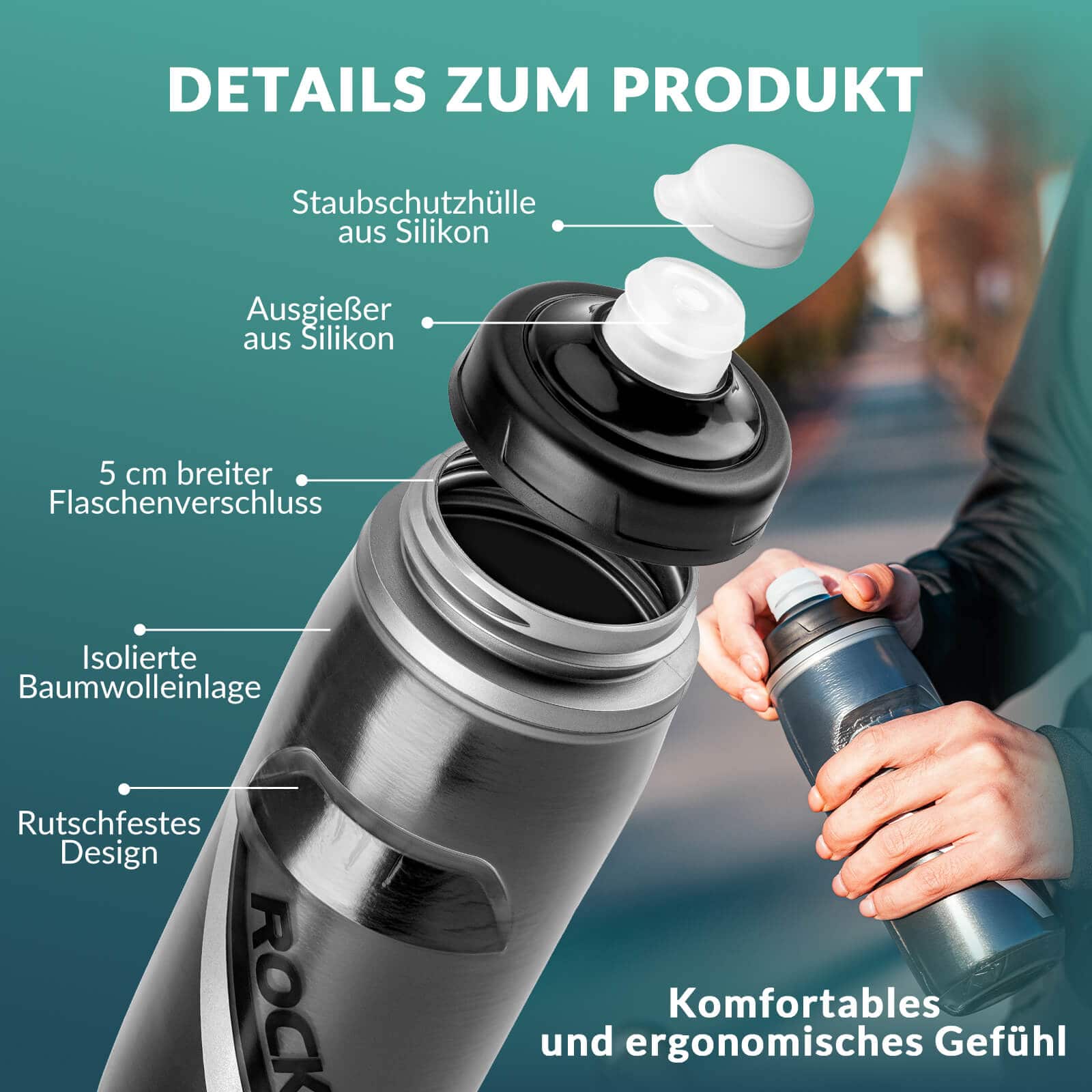 ROCKBROS Fahrradflasche 620 ml Sportflasche mit 5 Stunden Kühlhaltefunktion
